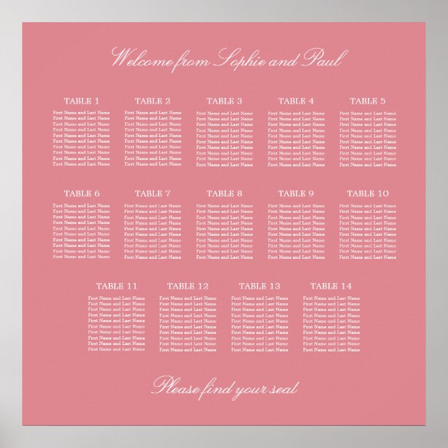Blush Pink 14 Table Wedding Seating Chart Poster (Vorne)