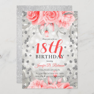 Blush Pink 18. Geburtstag Floral Silver Glitzer Einladung