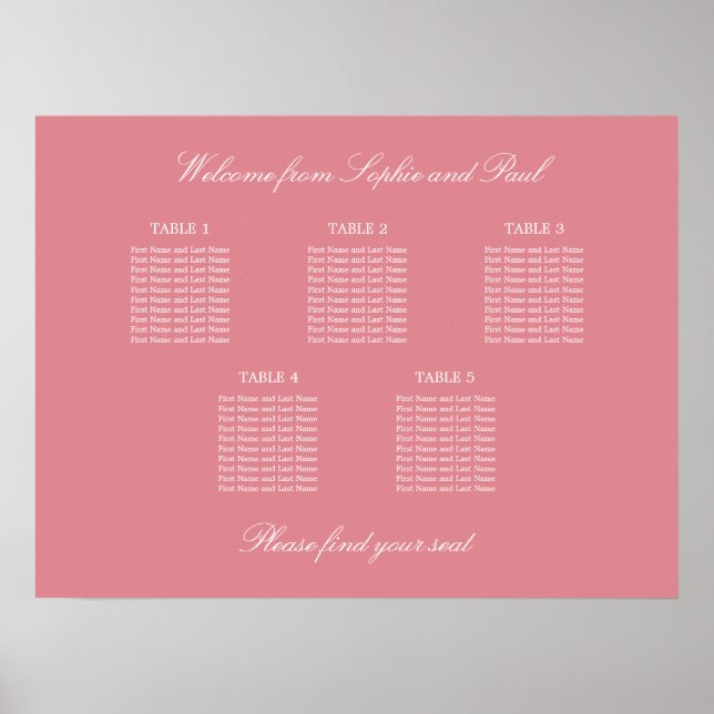 Blush Pink 5 Tabelle Hochzeitsdiagramm Poster (Vorne)