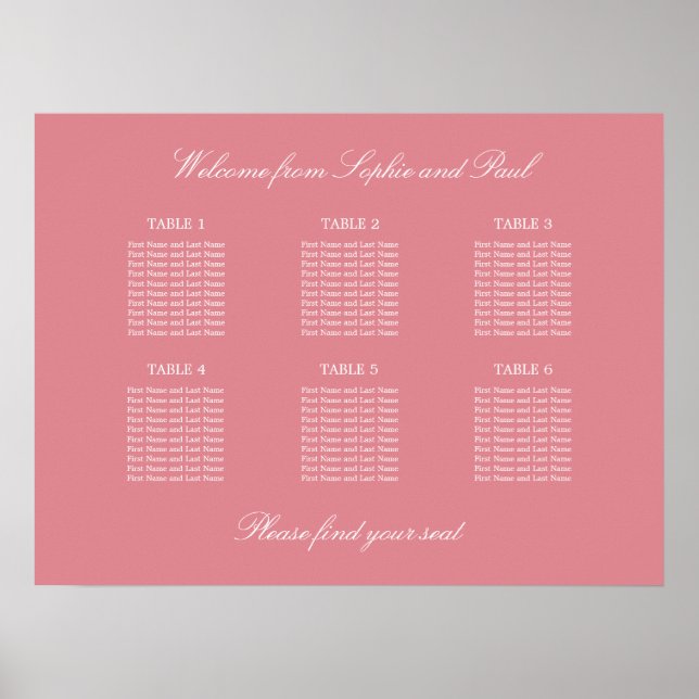 Blush Pink 6 Tabelle Hochzeitsdiagramm Poster (Vorne)