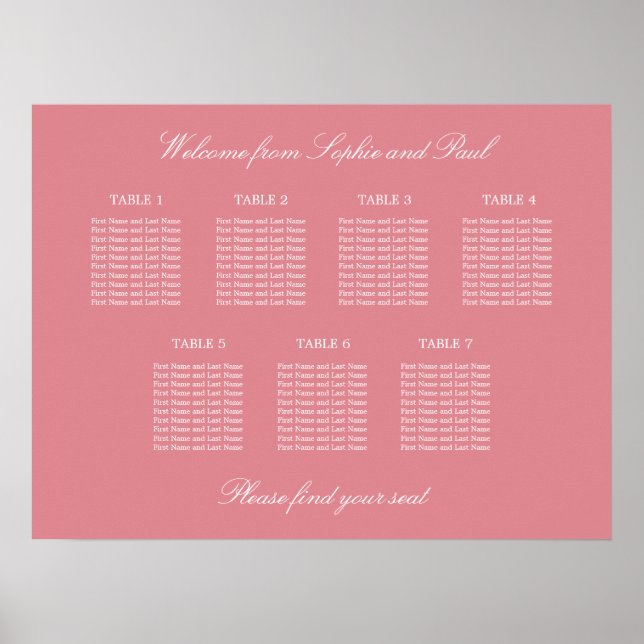 Blush Pink 7 Tabelle Hochzeitsdiagramm Poster (Vorne)