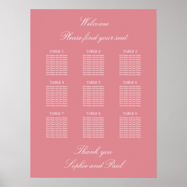 Blush Pink 9 Tabelle Hochzeitsdiagramm Poster (Vorne)