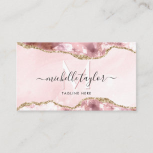 Blush Pink Agate Chic Modern Monogram Gold Visitenkarte