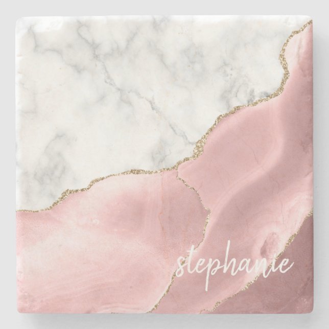 Blush Pink Agate Signature White Marble Gold Steinuntersetzer (Vorderseite)