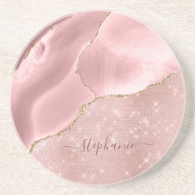 Blush Pink Agate Sparkle Glam Monogram Getränkeuntersetzer (Vorne)