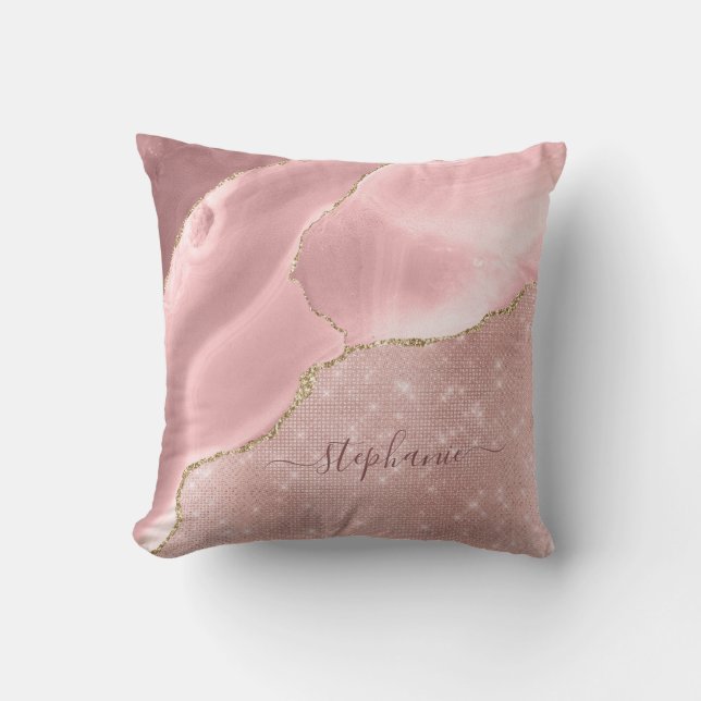Blush Pink Agate Sparkle Glam Monogram Kissen (Vorderseite)