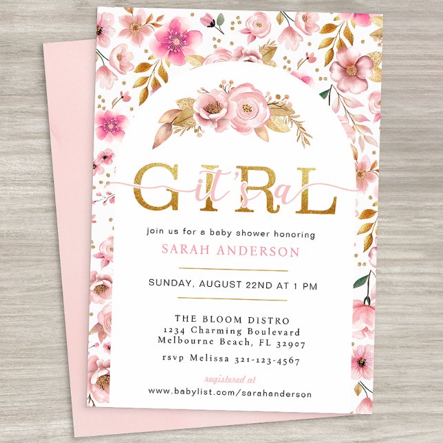 Blush Pink and Gold Floral Baby Girl Dusche Invita Einladung (It's A Girl Baby Shower Invitation)