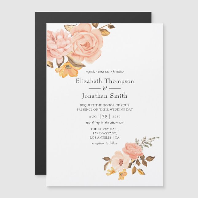 Blush Pink and Gold Floral Wedding Magneteinladung (Vorne/Hinten)