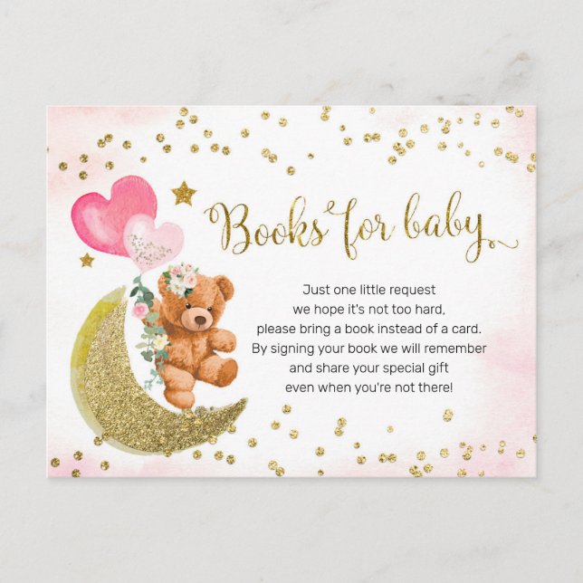 Blush Pink and Gold Teddy Bear Books for Baby Einladungspostkarte (Vorderseite)