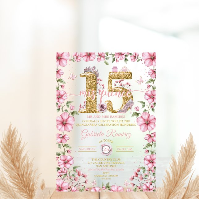 Blush Pink and Gold Tiara Mis Quince Quinceañera Acryleinladungen (Von Creator hochgeladen)