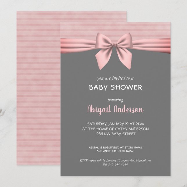 Blush Pink and Gray Bow Baby Dusche Einladung (Vorne/Hinten)