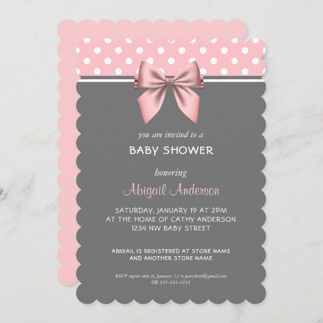 Blush Pink and Grey Polka Dot Bow Baby Showdusche  Einladung (Vorne/Hinten)