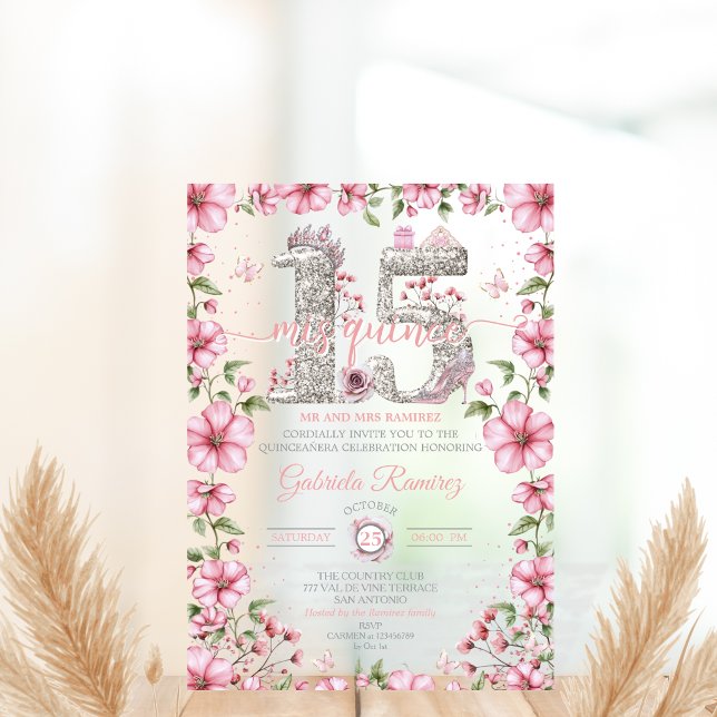 Blush Pink and Silver Tiara Mis Quince Quinceañera Acryleinladungen (Von Creator hochgeladen)