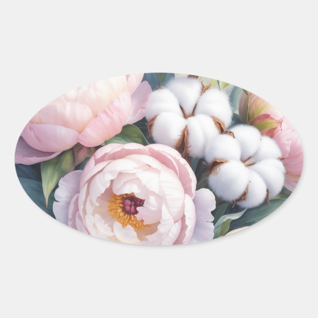 Blush Pink and White Cotton Wedding Ovaler Aufkleber (Vorderseite)