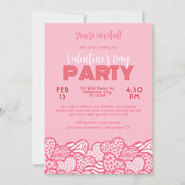 Blush Pink Animal Print Hearts Valentines Party Einladung (Vorderseite)