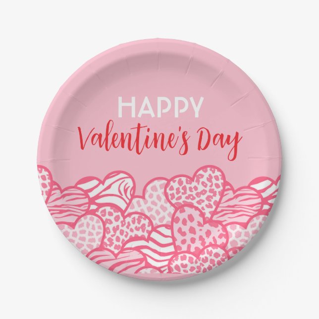 Blush Pink Animal Print Herz Valentinstag Party Pappteller (Vorderseite)