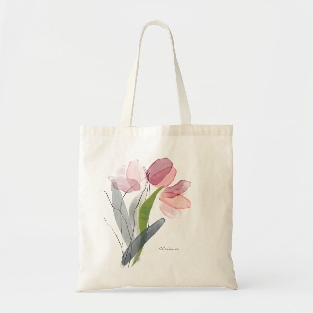 Blush Pink Aquarell Bläserfarben Tulips Grüne Blät Tragetasche (Vorne)