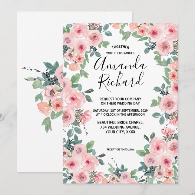 Blush Pink Aquarell Blumen Schöne Hochzeit Einladung (Vorne/Hinten)