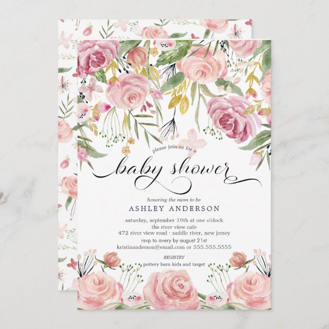 Blush Pink Aquarell Blumendusche Einladung (Vorne/Hinten)