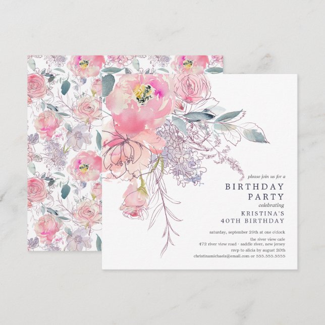 Blush Pink Aquarell Blumengeburt Einladung (Vorne/Hinten)