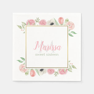 Blush Pink Aquarell Blumensüß 16 Geburtstag Serviette