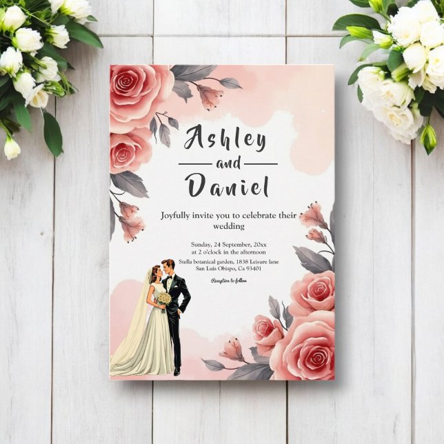 Blush Pink Aquarell Blütenbraun & Groom Hochzeit Einladung (Von Creator hochgeladen)