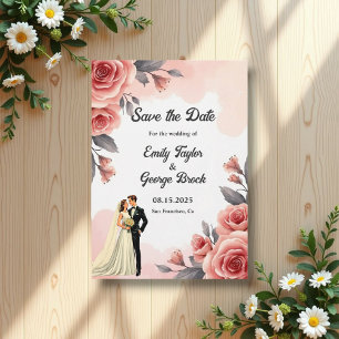 Blush Pink Aquarell Blütenbraun & Groom Hochzeit Save The Date