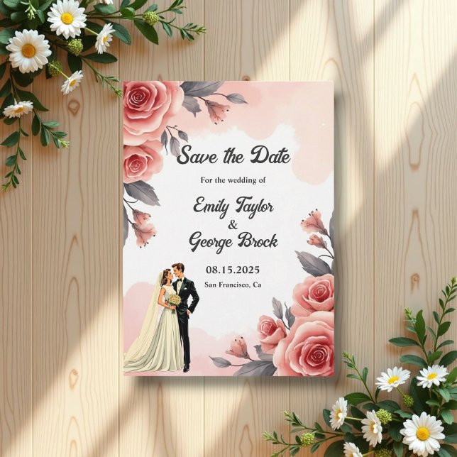 Blush Pink Aquarell Blütenbraun & Groom Hochzeit Save The Date (Von Creator hochgeladen)