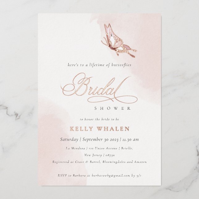Blush Pink Aquarell Butterfly Brautparty Folieneinladung (Vorderseite)
