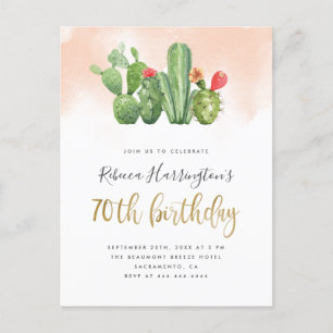 Blush Pink Aquarell & Cactus 70. Geburtstag Einladungspostkarte