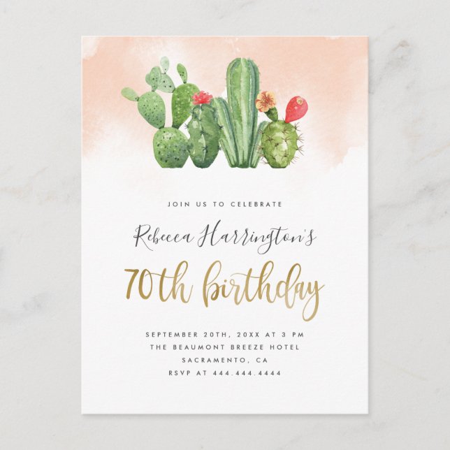 Blush Pink Aquarell & Cactus 70. Geburtstag Einladungspostkarte (Vorderseite)