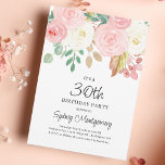Blush Pink Aquarell Floral 30. Geburtstag Einladung<br><div class="desc">Hübsches Rosa Aquarell Blütenfarbe 30. Geburtstag Party Einladung. Rosa und cremefarbene Blume mit grünen und goldenen Blätter. Alle wichtigen Texte können von Ihnen personalisiert werden. Selbst das Jahr für den Geburtstag kann auf 40,  50 oder jedes andere Jahr geändert werden.</div>