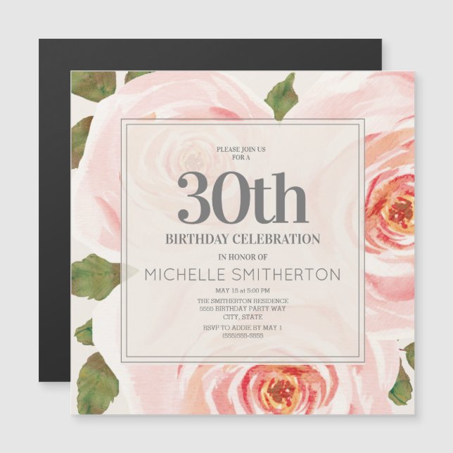 Blush Pink Aquarell Floral 30. Geburtstag Magneteinladung (Vorne/Hinten)