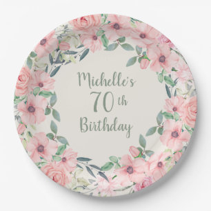 Blush Pink Aquarell Floral 70. Geburtstag Pappteller