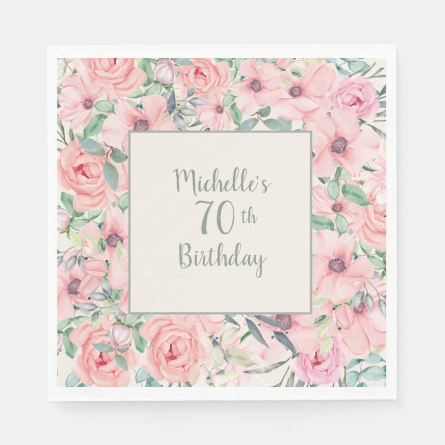 Blush Pink Aquarell Floral 70. Geburtstag Serviette (Vorderseite)