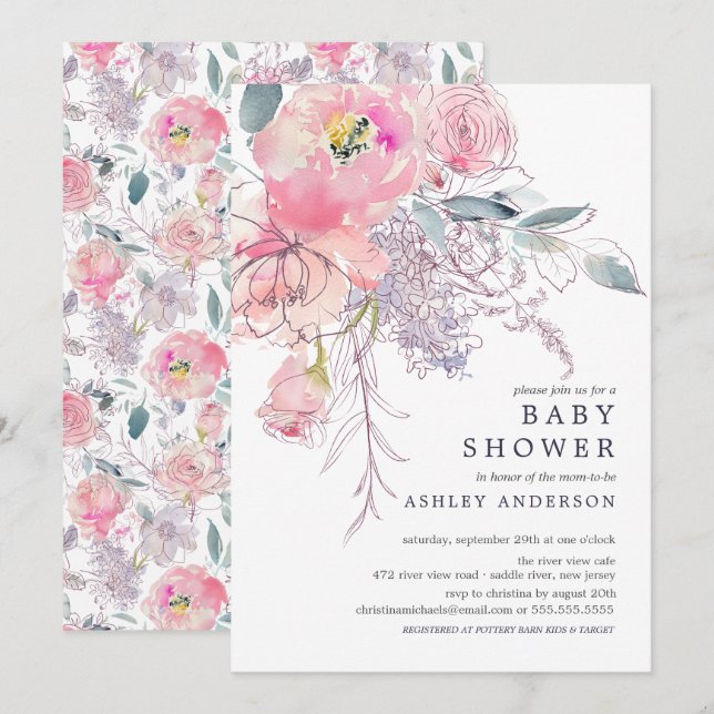 Blush Pink Aquarell Floral Baby Dusche Mädchen Einladung (Vorne/Hinten)