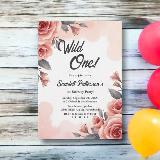 Blush Pink Aquarell Wilde Wild 1 1. Geburtstag Einladung