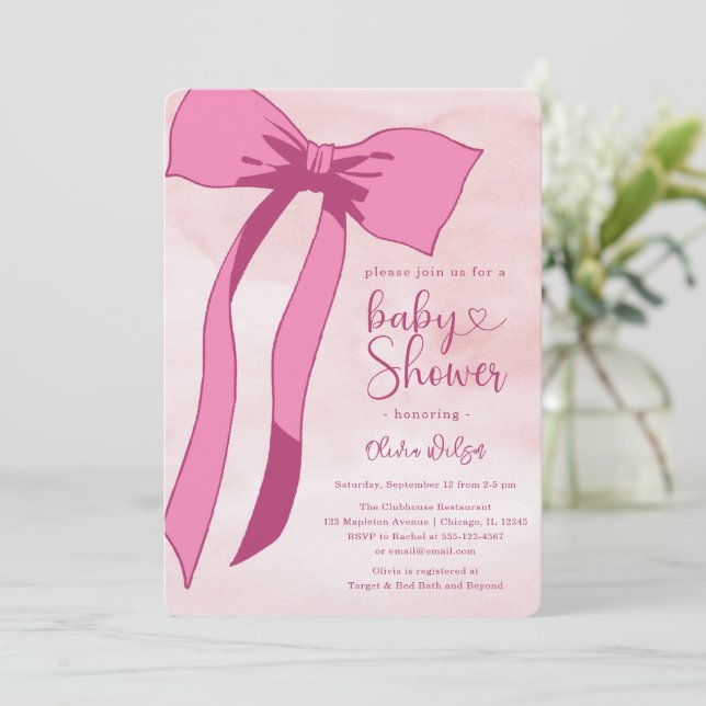 Blush Pink Aquarellbow Babydusche Einladung (Stehend Vorderseite)