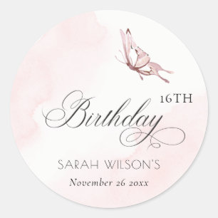 Blush Pink Aquarellbutterfly jedes Alter Geburtsta Runder Aufkleber