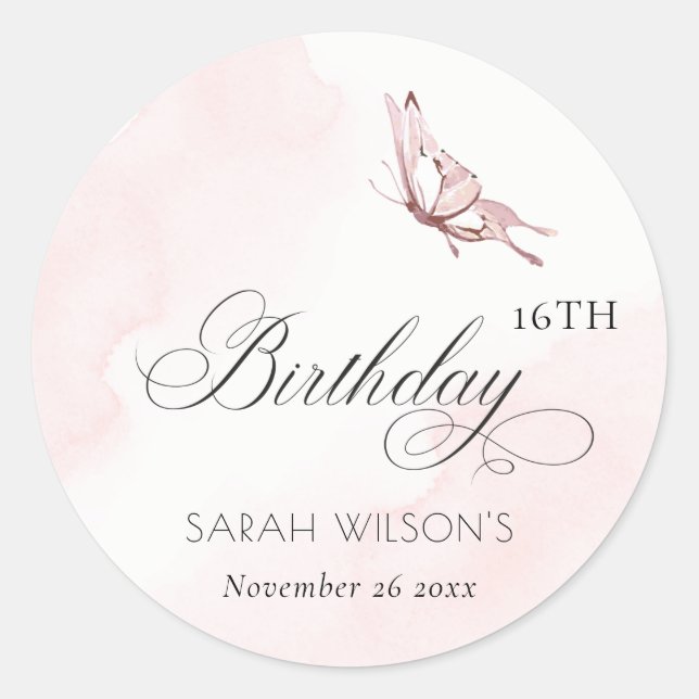 Blush Pink Aquarellbutterfly jedes Alter Geburtsta Runder Aufkleber (Vorderseite)