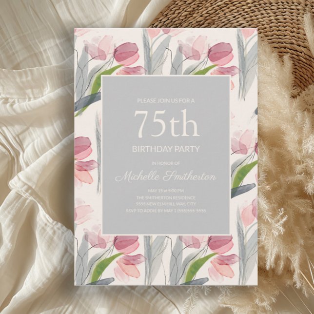 Blush Pink Aquarellfarben Blume Tulips 75. Geburts Einladung (Elegant pink tulips watercolor floral 75th birthday party invitation)