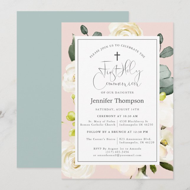 Blush Pink Aquarellfarben Erste Kommune Einladung (Vorne/Hinten)