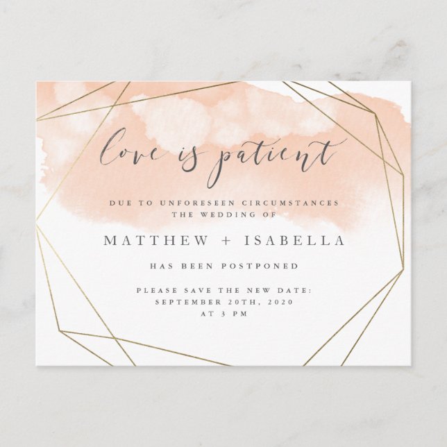Blush Pink Aquarellfarben Postponement Liebe Patie Einladungspostkarte (Vorderseite)