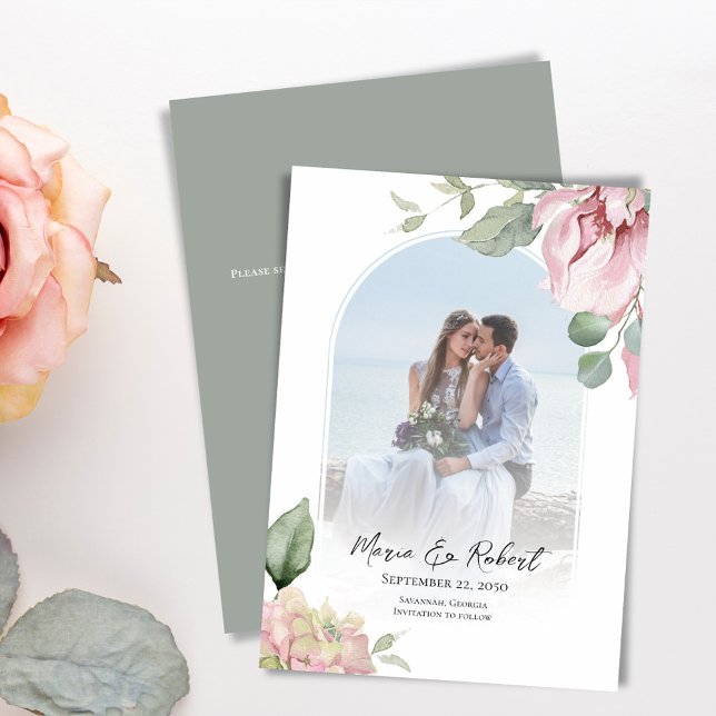 Blush Pink Arch Bläserne Hochzeit Elegante Save The Date (Elegant wedding watercolor blush pink arch save the date photo card. )