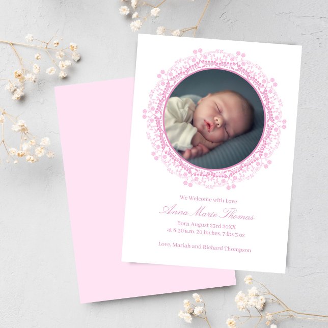Blush Pink Baby Birth Announcement Photo Card (Blush pink baby birth announcement with floral frame, round photo layout, and soft script text.)