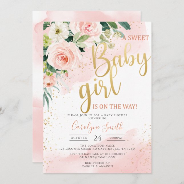 Blush Pink Baby Dusche Einladung Mädchen (Vorne/Hinten)