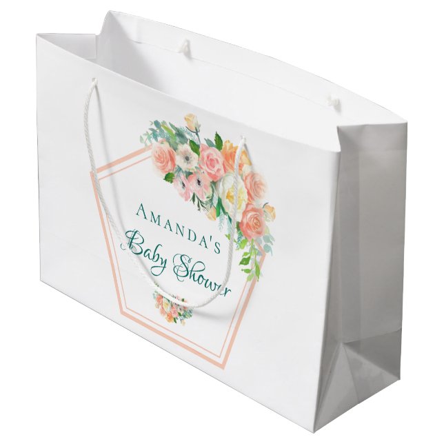 Blush Pink Baby Dusche geometrisch Blumenkupfer Große Geschenktüte (Rückseite Schrägansicht)