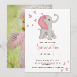 Blush Pink Baby Elephant Watercolor 1. Geburtstag  Einladung