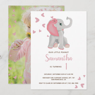 Blush Pink Baby Elephant Watercolor 1. Geburtstag Einladung
