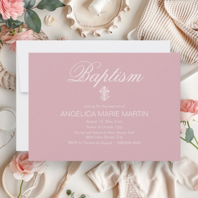 Blush Pink Baby Girl Cross Taufe Einladung (Elegant blush pink baby baptism invitation)